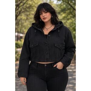 Black Cropped 100% Cotton Denim Jacket Women’s Hooded Button Front Coat
